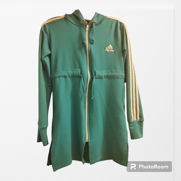 Adidas jacket women’s size small blue aqua cinch waist capable long styl… - Picture 1 of 10
